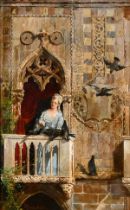 Antonietta Brandeis (1848-1926) Italian. Feeding the Pigeons, Oil on panel, Signed, 11.5" x 7.25" (
