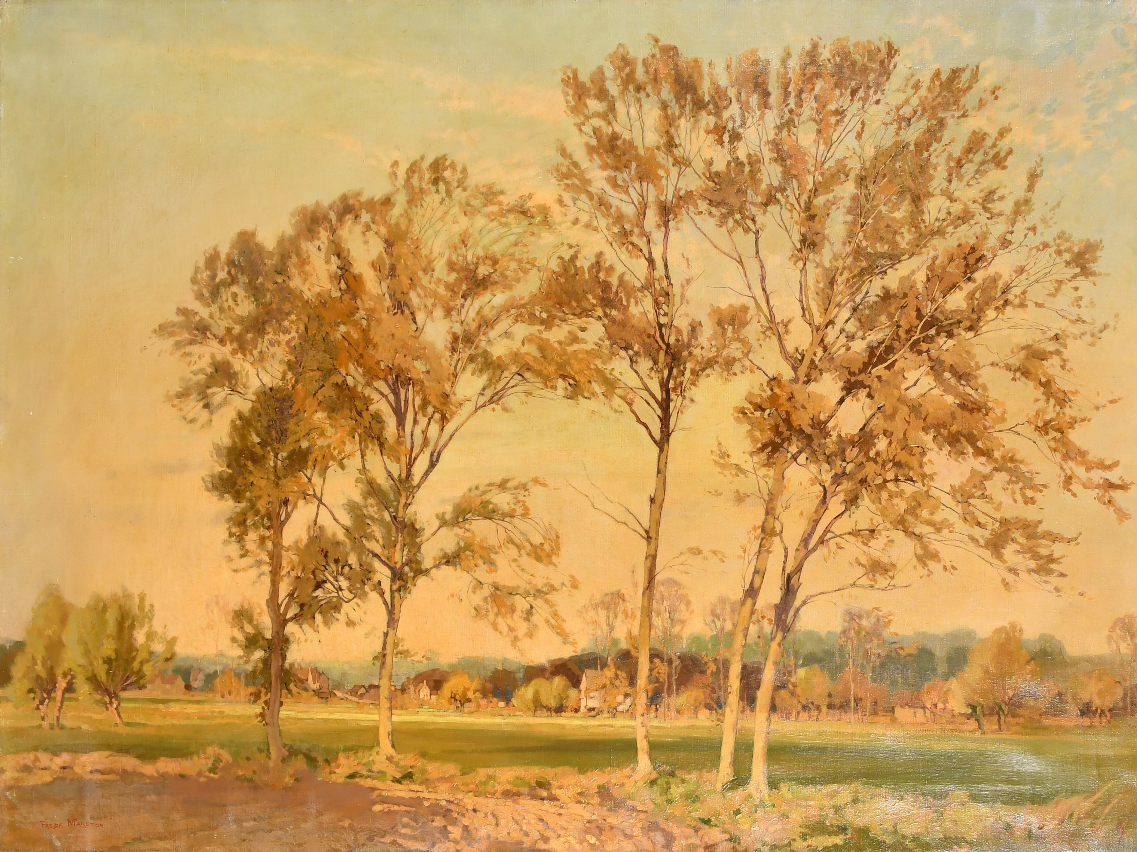 Freda Marston (1895-1949) British. "Norfolk Landscape", Oil on canvas, Signed, unframed, 30" x