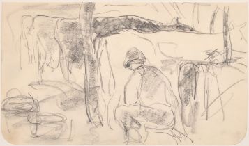 Harry Becker (1865-1928) British. "Man Milking", Pencil from a sketchbook, Inscribed on a label