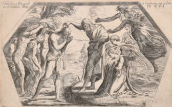 Orazio Borgianni (1574-1616) Italian. "The Baptism of Christ" after Raphael, Etching, 5.5" x 9" (