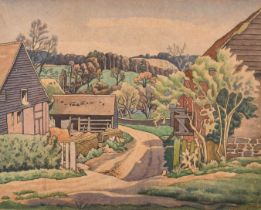 Ethelbert White (1891-1972) British. "Farmyard Scene", Watercolour, Signed, and inscribed on a label