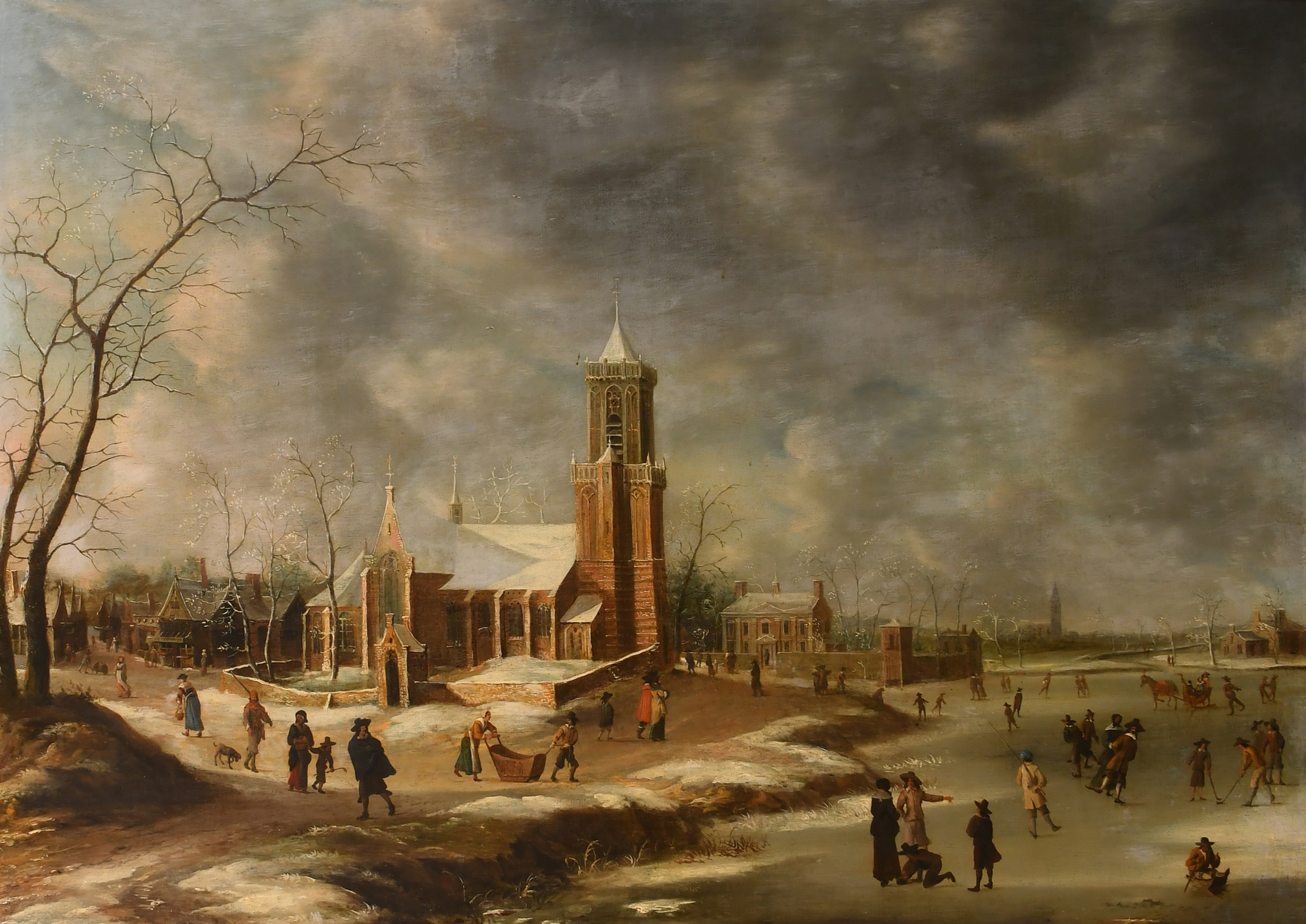 Manner of Abraham Beerstraaten (1643-1666) Dutch. A Winter Scene with Figures Skating, a church