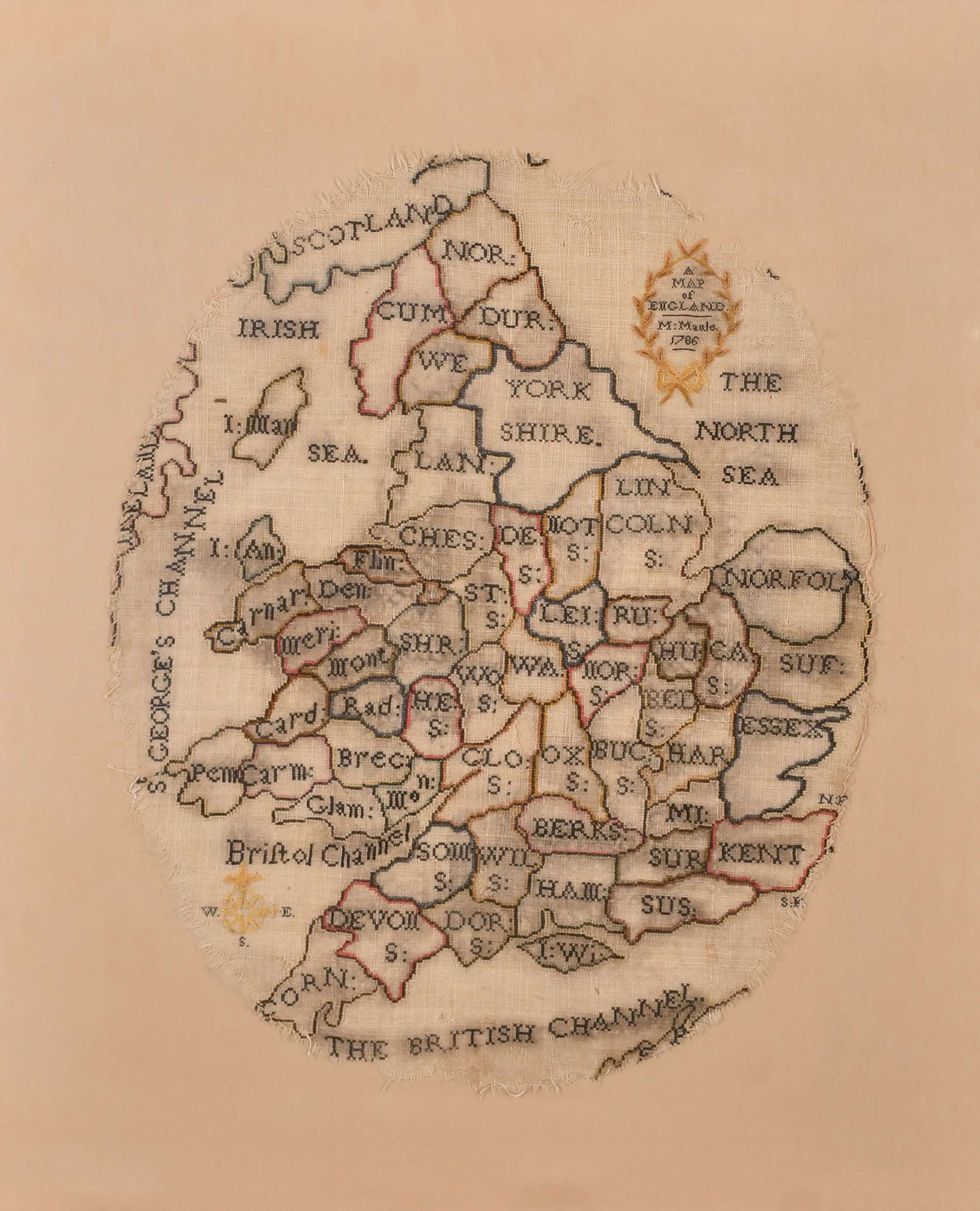 Mary Maule (18th-19th Century) British. Map of England, Tapestry dated 1786, In a darkwood frame,