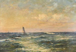 Circle of Nathaniel Hone (1831-1917) Irish. A Ship at Sea, Oil on canvas, Inscribed verso,