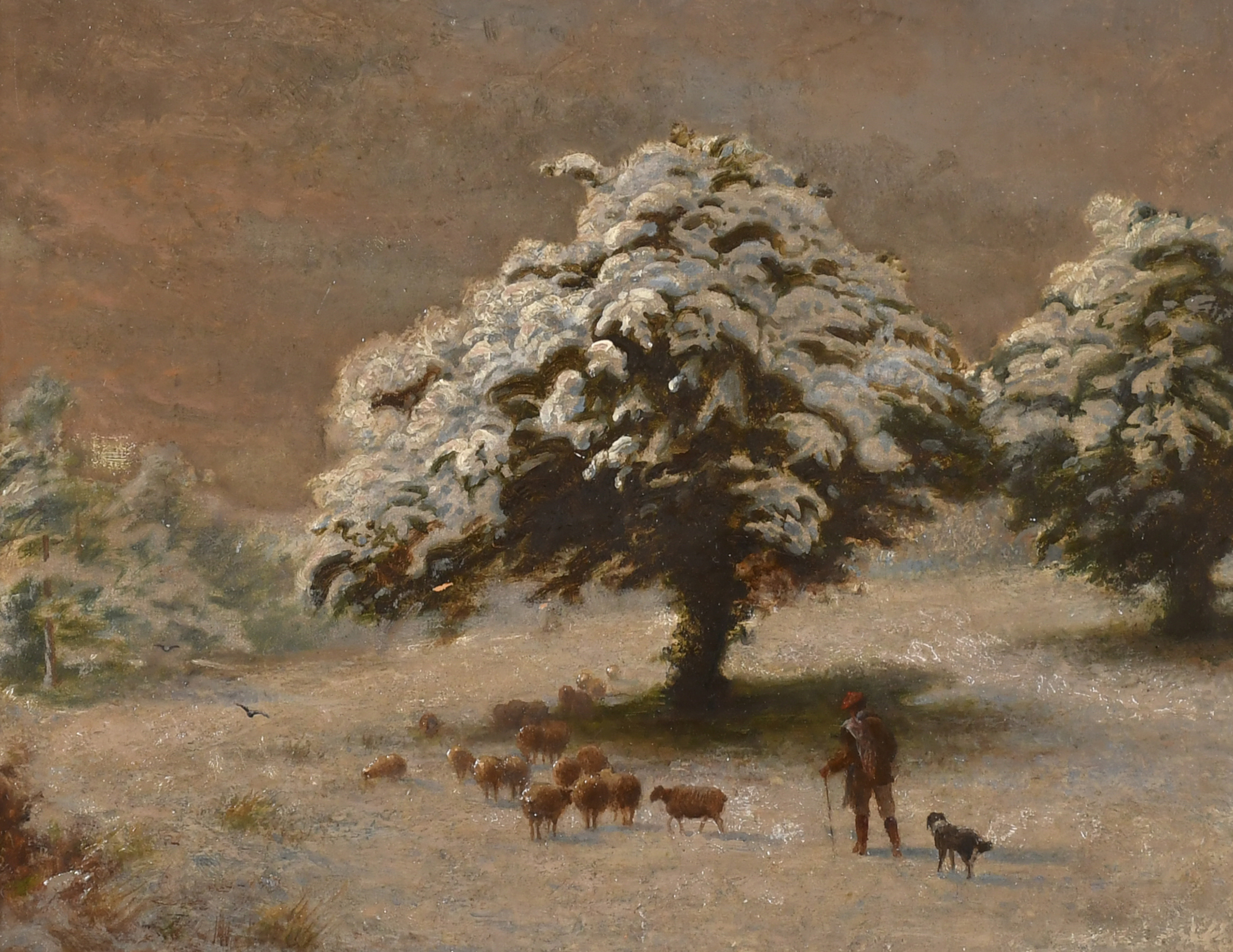 19th Century English School. Shepherd and Flock in a Winter Landscape, Oil on board, 8" x 10.5" (