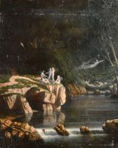 19th Century English School. Fairies in a Fantasy River Landscape, Oil on canvas, unframed 13.5" x
