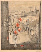 Jacques Bleny (1925-1960) French. Poppies in a Window with a Town Scene beyond, Lithograph, Signed