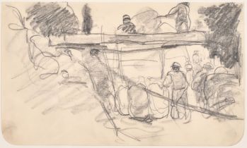Harry Becker (1865-1928) British. "Building Ricks In The Yard I", Pencil from a sketchbook,