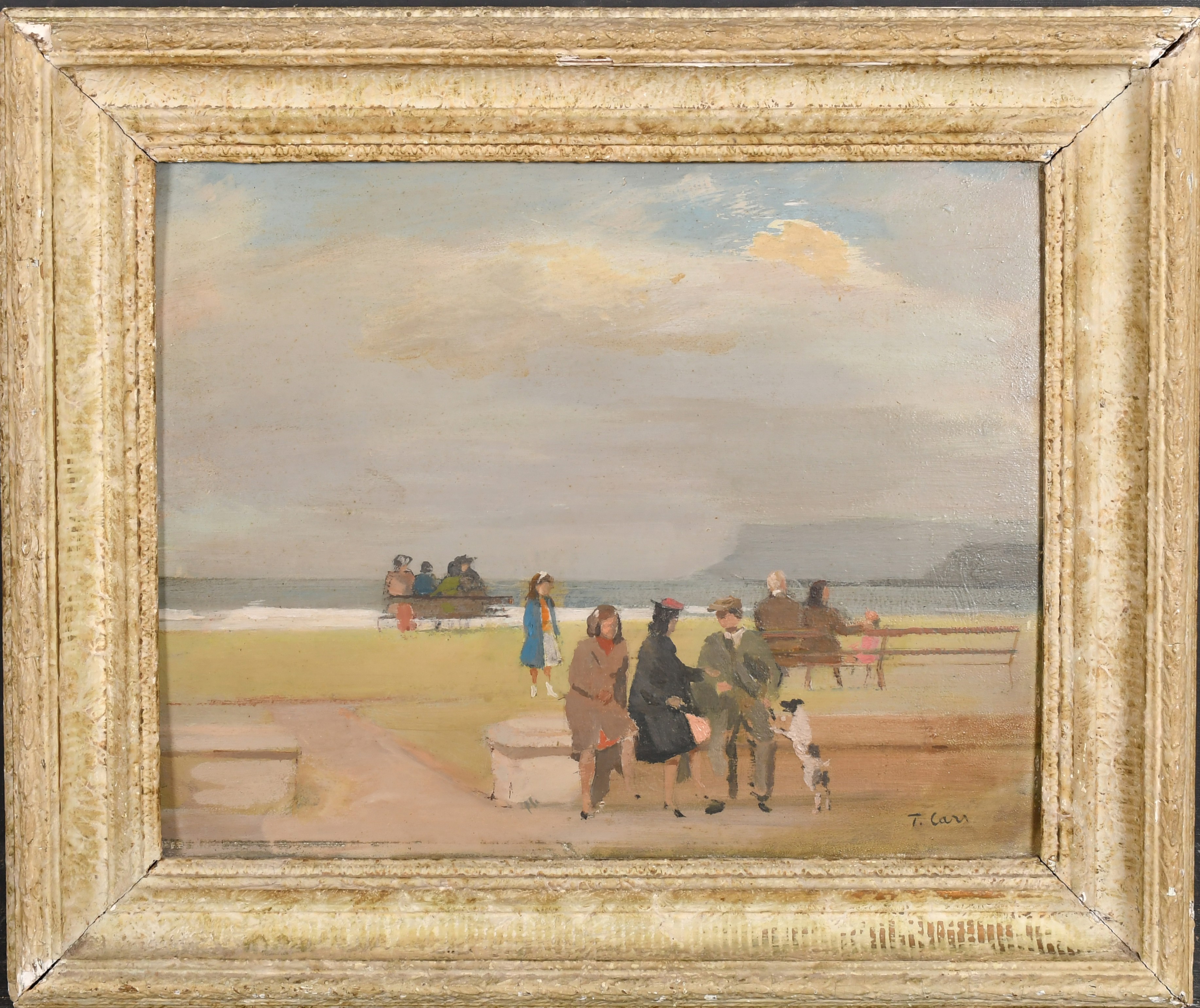 Thomas James Carr (1909-1999) Irish. Seated Figures on the Sea Front, Oil on panel, Signed, 12.75" x - Image 2 of 4