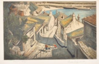 Edward Bouverie Hoyton (1900-1988) British. "Downalong Newlyn", Coloured etching, Signed and