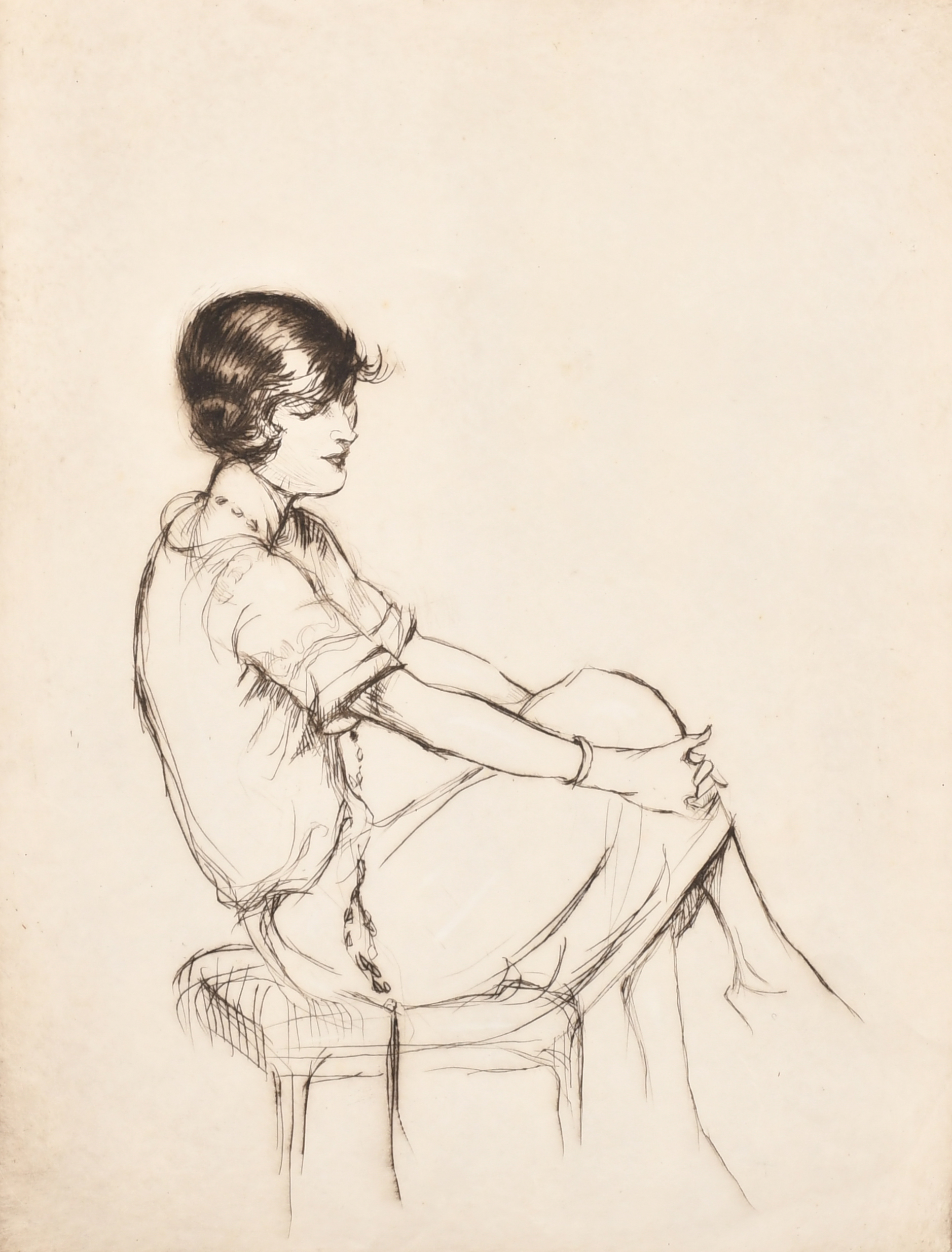 Lucy B Whiteham (20th Century) British. A Girl Seated on a Stool, Etching, Signed and dated '25 in