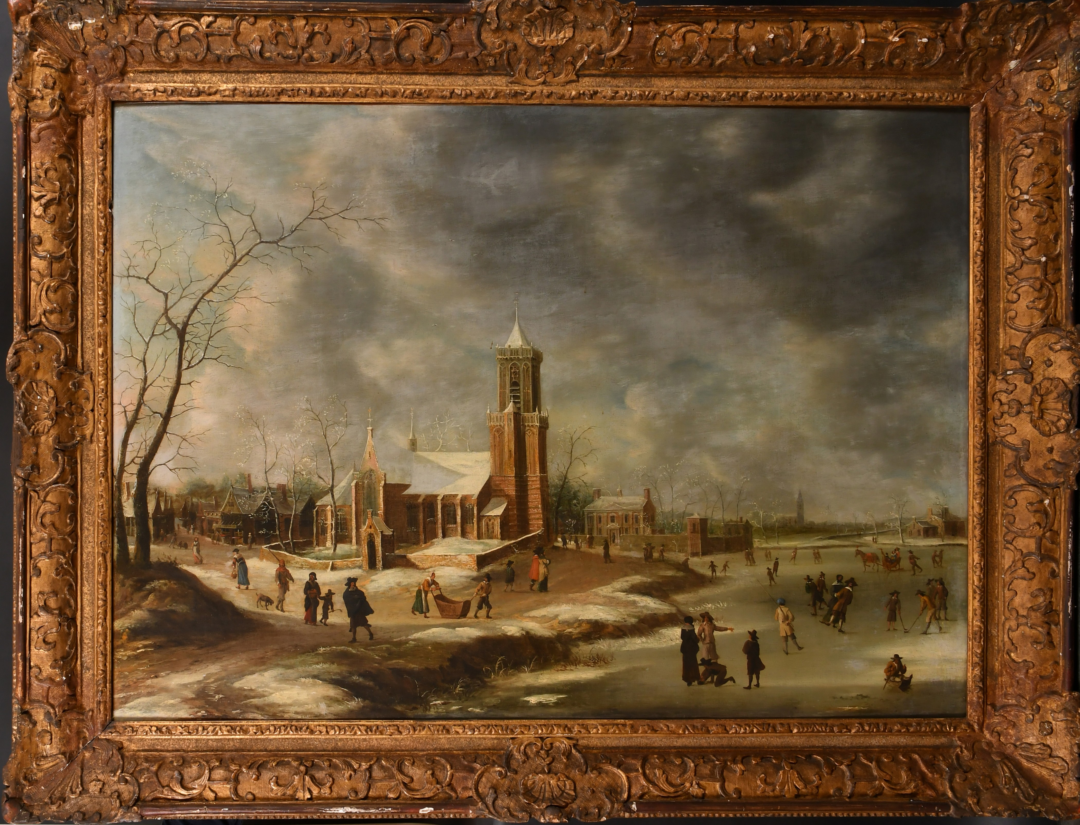 Manner of Abraham Beerstraaten (1643-1666) Dutch. A Winter Scene with Figures Skating, a church - Image 2 of 7