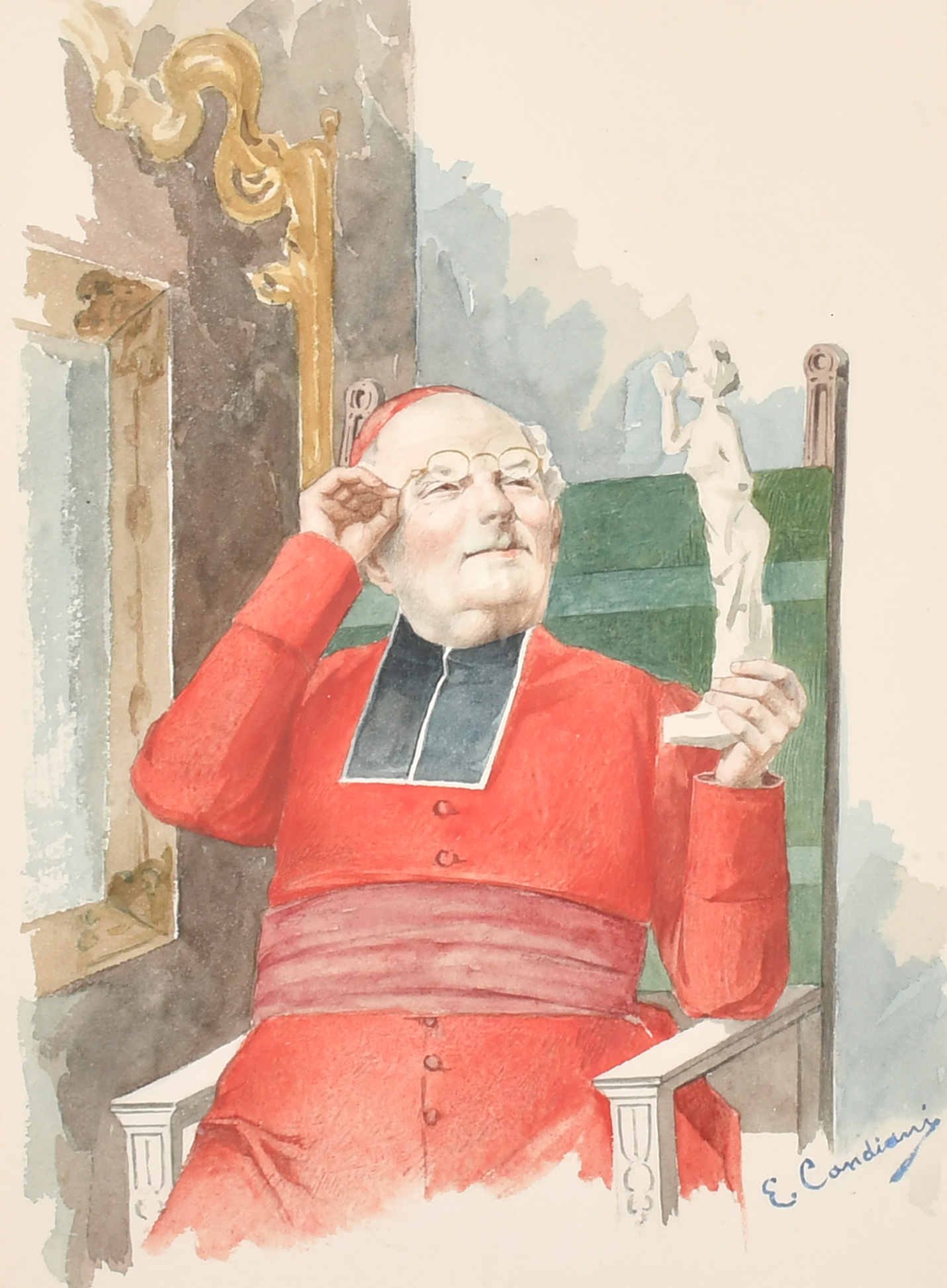 Ernesto Candiani (19th-20th Century) Italian. Portrait of a Cardinal Admiring a Statue, Watercolour,