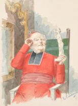 Ernesto Candiani (19th-20th Century) Italian. Portrait of a Cardinal Admiring a Statue, Watercolour,