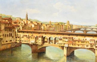 After Giuseppe Zocchi (20th Century) Italian. The Ponte Vecchio, Florence, Oil on canvas, 26" x