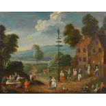 18th Century Dutch School. Figures around a Maypole, Oil on panel, Indistinctly signed, 12" x 15.