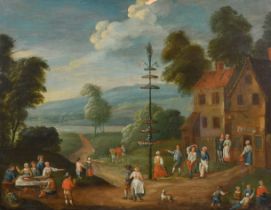 18th Century Dutch School. Figures around a Maypole, Oil on panel, Indistinctly signed, 12" x 15.