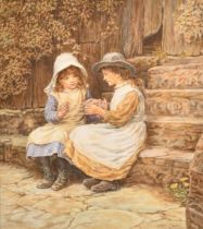 John Cecil Lund (1932-) British. Children Playing Cat's Cradle, Watercolour, Signed, 11" x 9.75" (