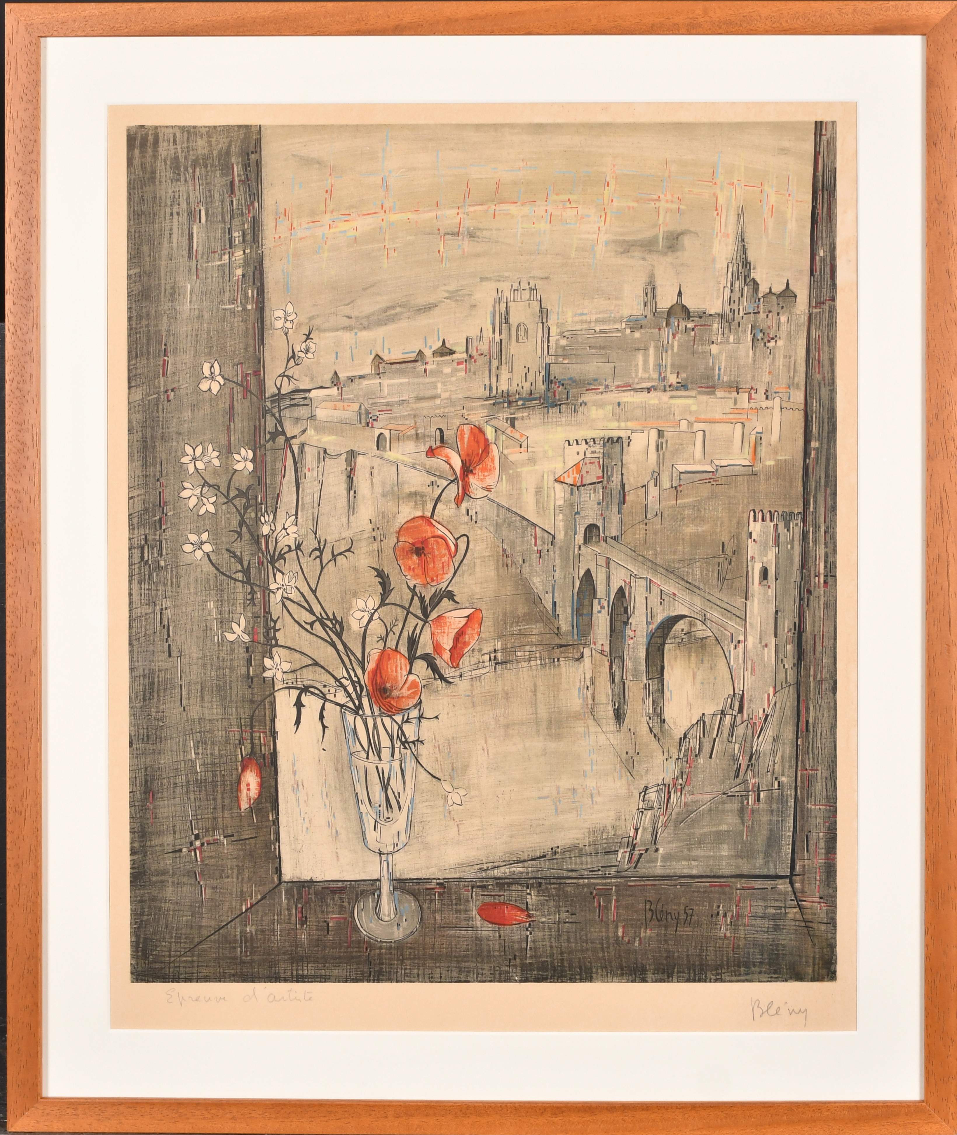 Jacques Bleny (1925-1960) French. Poppies in a Window with a Town Scene beyond, Lithograph, Signed - Image 2 of 5