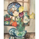 Nina Winder Reid (1891-1975) British. Still Life of Flowers in a Green Glass Bowl, Watercolour,