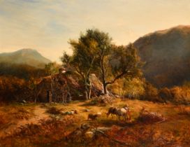 Alfred Walter Williams (1824-1905) British. "Welsh Landscape with Figures Dragging Bracken", Oil
