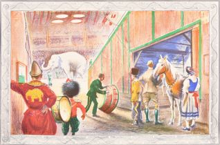 Russell Reeve (1895-1970) British. "The Elephant Act", Lithograph for The Baynard Press for School