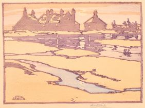 Leslie Moffat Ward (1888-1978) British. Cottages by an Estuary, Woodcut, Signed in pencil,