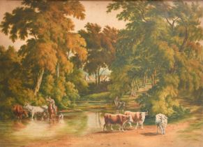 S Hughes (19th Century) British. A Drover and Cattle by a Stream, Watercolour, Signed and dated