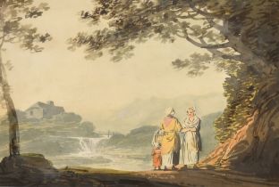 William Payne (1760-1830) British. Women Conversing by the River, Watercolour, Inscribed on a