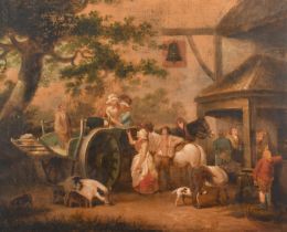 George Morland (1762-1804) British. A Village Gathering by The Bell Inn, Oil on canvas, unframed 18"