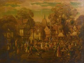 Early 19th Century English School. A Village Fayre with Figures Dancing Round a Maypole, Oil on