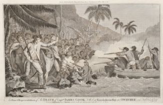 After John Webber (1751-1793) British. "The Death of Captain Cook", Engraving, figures by