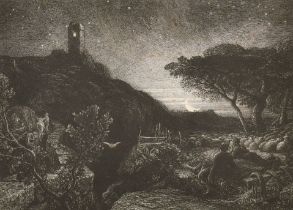 Samuel Palmer (1805-1881) British. "The Lonely Tower", Etching, Inscribed on a label verso, 6.5" x