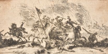 After Antonio Tempesta (1555-1630) Italian. A Cavalry Skirmish, Engraving, unframed 1.85" x 3.65" (