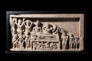 GANDHARAN SCHIST PANEL WITH PARINIRVANA - DEATH OF BUDDHA