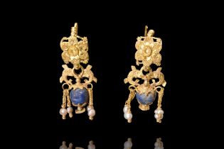 HELLENISTIC GOLD PAIR OF FILIGREE EARRINGS WITH DOLPHINS