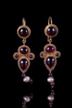 MATCHED PAIR OF ROMAN GOLD EARRINGS WITH GARNETS AND PEARLS