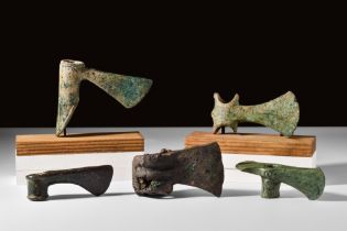 BRONZE AGE BRONZE GROUP OF FIVE AXE HEADS
