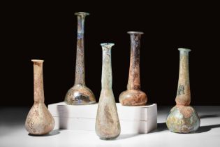 COLLECTION OF FIVE LARGE ROMAN GLASS BOTTLES