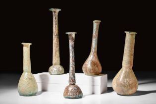 COLLECTION OF FIVE LARGE ROMAN GLASS BOTTLES