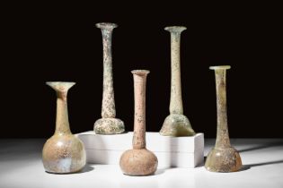 COLLECTION OF FIVE LARGE ROMAN GLASS BOTTLES