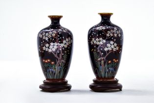 PAIR OF JAPANESE BRONZE CLOISONNÉ ENAMEL VASE WITH WOODEN STAND AND VASE