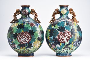 PAIR OF CHINESE CLOISONNÉ ENAMEL MOONFLASKS WITH PEONIES