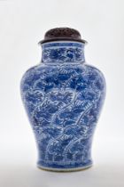 CHINESE BLUE AND WHITE JAR WITH WOODEN LID