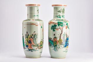 PAIR OF CHINESE FAMILLE VERTE ROULEAU VASES WITH KANGXI MARK