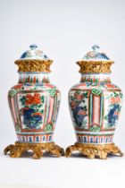 PAIR OF CHINESE WUCAI PORCELAIN JARS AND LIDS ON EUROPEAN MOUNT