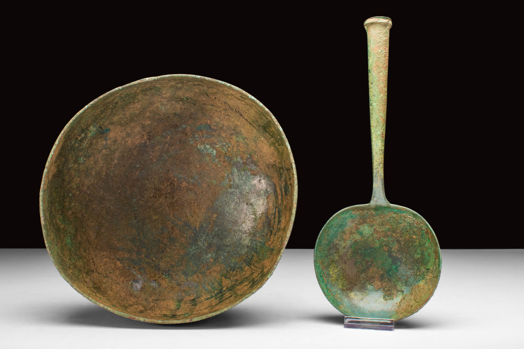 SET OF ETRUSCAN BRONZE BOWL AND LARGE SPOON
