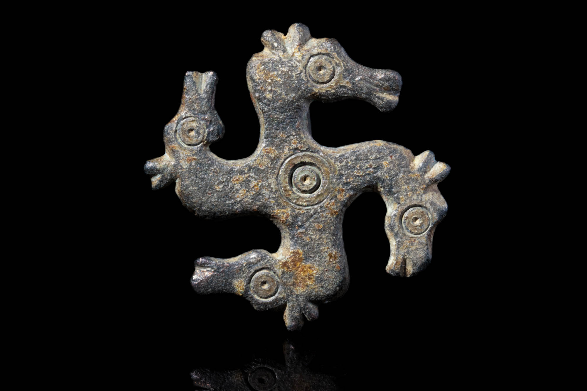 ROMAN BRONZE SWASTIKA HORSE HEAD BROOCH