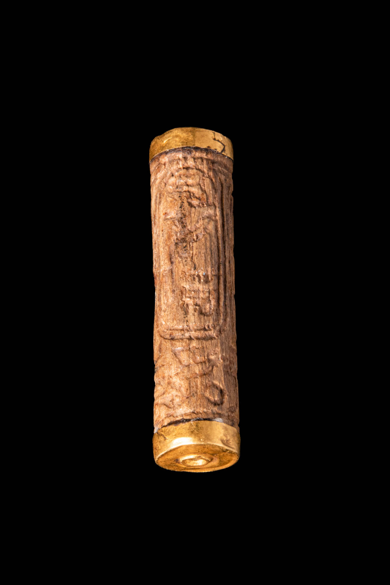 EGYPTIAN STEATITE CYLINDER SEAL WITH GOLD CAPS - Image 4 of 4