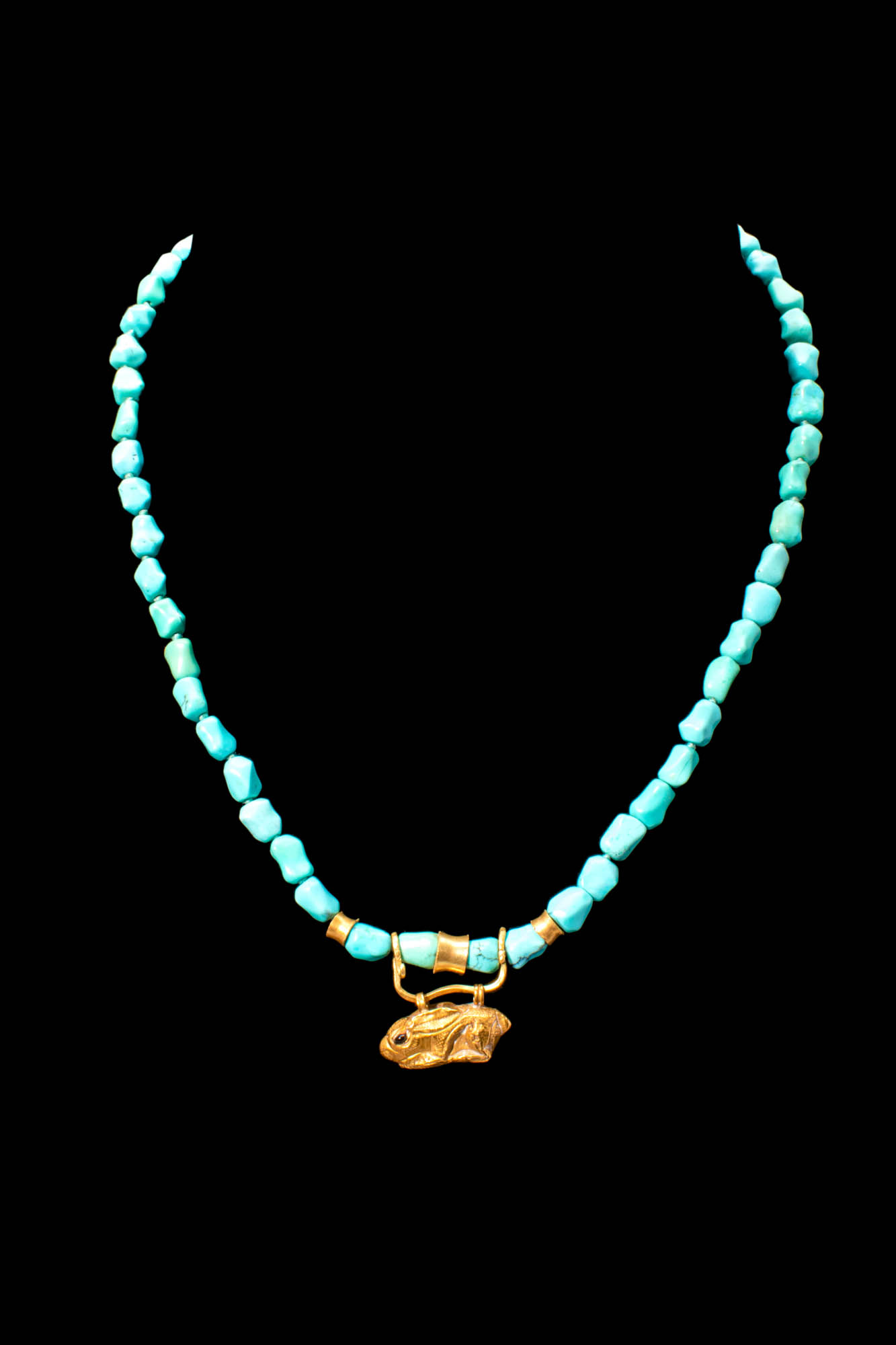 RARE EGYPTIAN TURQUOISE AND GOLD NECKLACE WITH A RABBIT PENDANT